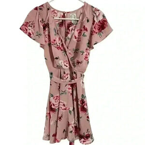 Francesca's Pink Floral Wrap Mini Dress Size XS Flutter Sleeve Ruffle